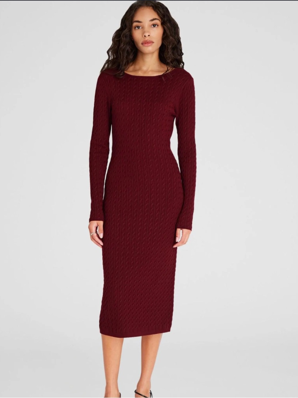 Club Monaco Open Back Long Sleeve Cable Knit Midi Dress - Burgundy